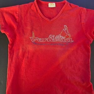 Lemon Red V-Neck Tee with Rhinestone Accents